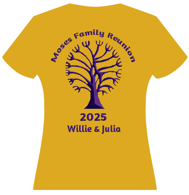 Gold tee shirt, purple tree logo